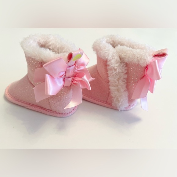 NWOT First Steps Pink Glitter Boots w/Faux Fur & Bow accents Baby Girl 3-6 MTHS - Picture 7 of 8